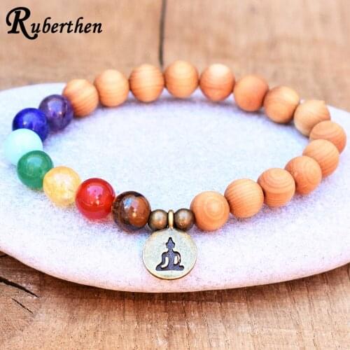 Ruberthen 2019 New Design Sandalwood Mala Bracelet Tibetan 7 Chakra Bracelet Natural Gem Stone Buddha Yoga Spiritual Bracelet