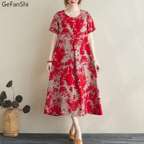 Summer Women Dress Vintage Print O-Neck Cotton Linen Dress Casual Loose Short Sleeve Elegant Office Ladies Dresses Clothes