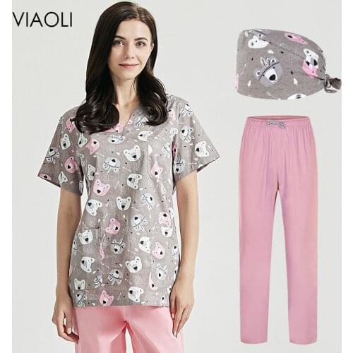 Fashion Cotton Cartoon print spa uniforms women scrubs lab coat Slim Fit top scrub clothes Unisex beauty salon Pet shop uniforms