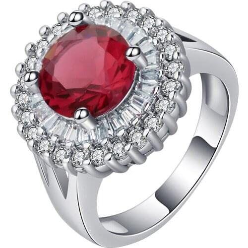 UFOORO Hot Red Stone Ring Fire Red Oval Red Birthstone CZ Stone Wedding Jewelry Charm Finger Ring Female Band Size 6-10 Gift