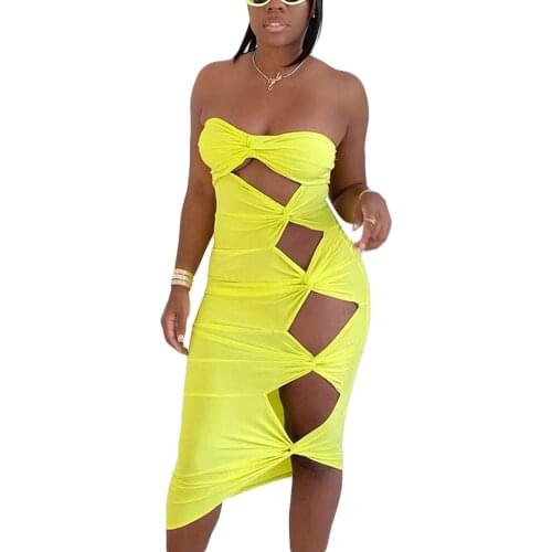 Y2K Womens Sexy Knotted Tube Tops Dress Fashion Solid Color Hollow Skinny Mid-length Dress