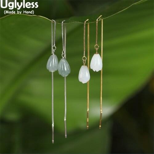 Uglyless 11CM Ear Lines Summer Dress Earrings for Women Eastern Beauty Jadeite Magnolia Jade Emerald Earrings 925 Silver Brincos