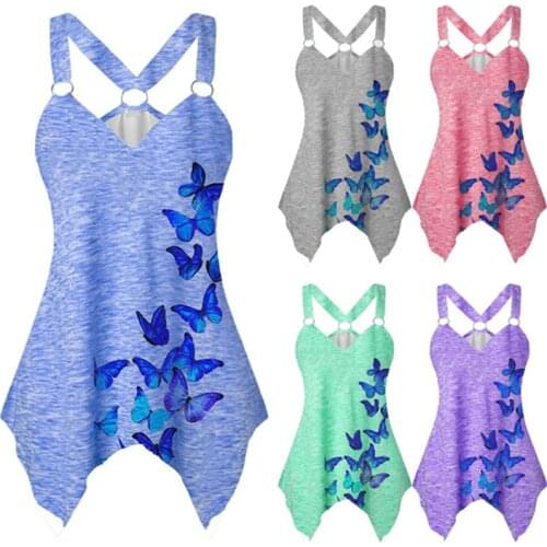 Female Tops Girls Butterfly Print V-Neck Sleeveless T-Shirt Pullover for Summer y2k top clothes Pink/Purple/Gray/Green/Blue
