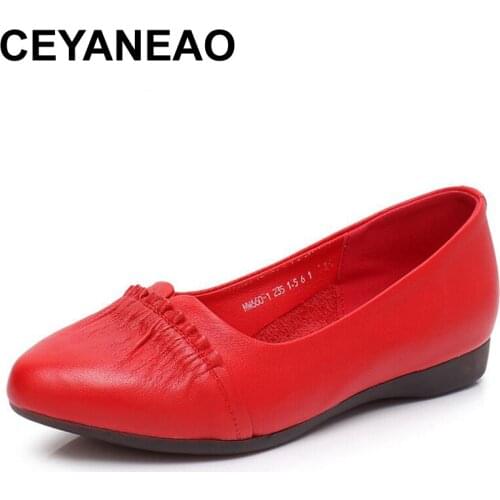 CEYANEAO Genuine Leather Flats Fashion High Quality Basic Solid Colors Pointy Toe Casual Shoes Woman Slip On Soft Flat Shoes