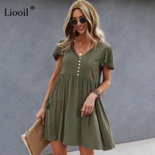 Liooil Casual A Line Dress For Women 2021 V Neck with Button Short Sleeve Army Green Ladies Dresses Loose Summer Sundresses