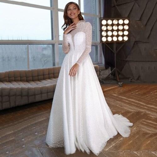 Thinyfull 2020 New Arrival A Line Wedding Dresses O Neck Long Sleeve Bride Dresses Tulle Button Lace Appliques Vestidos de novia