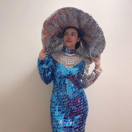 Women party girl laser light dance costume Gold silver mirror dress glasses sparkly dresses