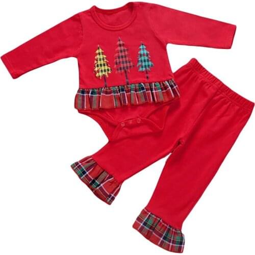 2020 Christmas Baby Girls Boys Clothing Set Toddler Cartoon Trees Print Long Sleeve Bodysuits + Plaid Flared Long Pants 0-24M
