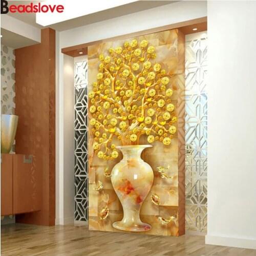 Large diy diamond painting golden tree vase pattern mosaic set diamond embroidery 3d full square round drill puzzles home 5d art