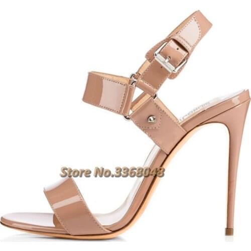 Stiletto Heels Summer Sandals Round Toe Ankle Buckle Open Toe Patent Leather Candy Color Women Shoes High Heels Sandals