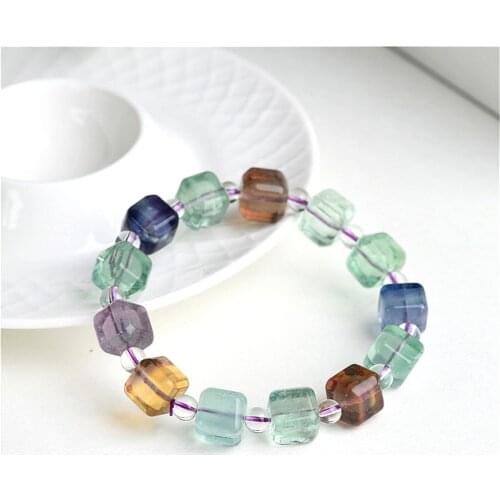 Grade A Natural Mixed Color Fluorite Beaded Bracelet 10mm Cubic Fluorite Beads Bangle Stretch Jewelry Bracelet BR032
