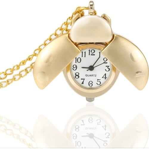 Retro Gold Cute Beetle Quartz Pocket Watch Mechanical Pendant Necklace Chain Clock Gifts LL@17