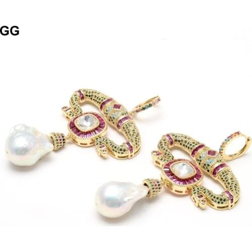 GG Jewelry Natural White Keshi Pearl Cz Pave Gold Color Plated Pendant Stud Colorful CZ Earrings For Women