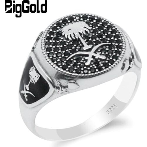 New Arrival Mens Ring with Black CZ 925 Sterling Silver Islamic Double Swords Palm Tree Pattern Vintage Ring Religious Jewelry