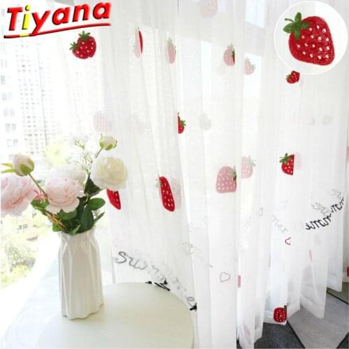 Cute Strawberry Embroidery Curtains for Living Room Childrens Cartoon Strawberry Window Drapes Kids Girls Room Tulle 416*30