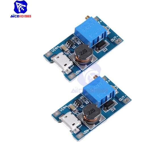 2PCS MT3608 DC-DC 2-24V to 5-28V 6V 12V 24V 2A Boost Step Up Converter Module Micro USB Interface Adjustable 3296 Potentiometer
