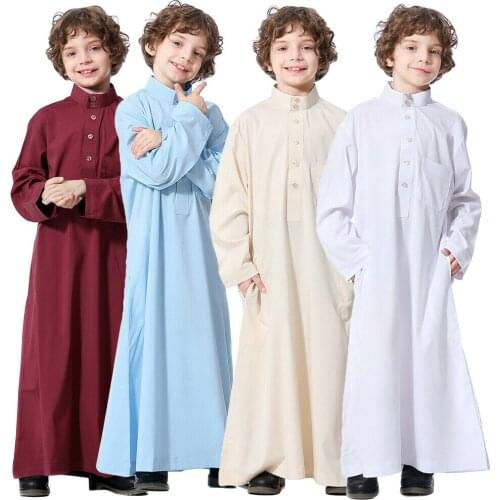 Islamic Boys Jubba Thobe Thawb Kaftan Muslim Clothing Abaya Prayer Long Sleeve Children Robes Kids Ramadan Casual Dress Robe