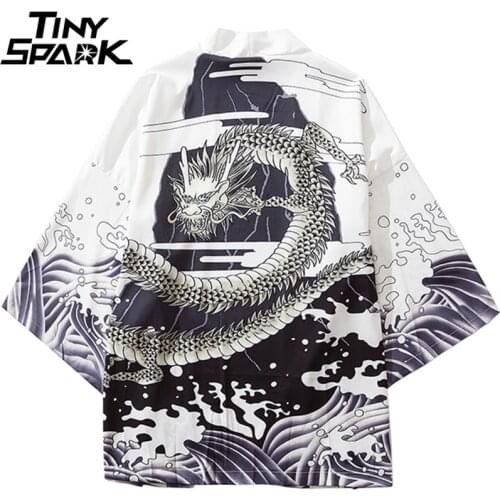 Japanese Style Kimono Jacket Sea Wave Dragon Print 2020 Men Harajuku Streetwear Jacket Coat Casual Thin Gown Sweat Wear Japan
