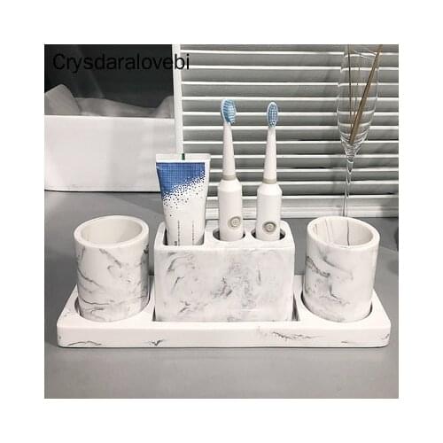 Bathroom Kit Marble Pattern Electric Toothbrush Holder Bathroom Set Tray Glass Toothbrush Cup Soap Box Bathroom Accessories Set