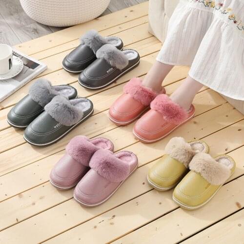 New Slippers Men Large Size Autumn And Winter PU Leather Slippers Non-Slip Couple Lint Slippers Home Warm Cotton Slippers Women