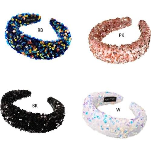 Women Girl Glitter Sequins Wide Headband Reflective Colorful Sponge Padded Hair Hoop Dance Party Styling Thick Boutique Headwear
