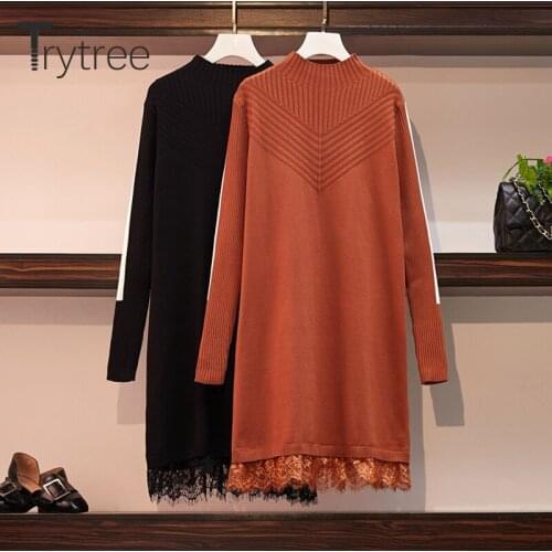 Trytree 2020 Autumn Winter Casual Dress women Turtleneck Knitting Lace Solid 2 Colour Loose Fashion Office Lady Mini Thick Dress