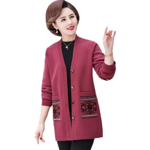 Autumn Women Coat Noble Fashion Middle-aged Jacket New KnitCardigan Female Mid-length Loose mother Clothing Knit Sweater R620