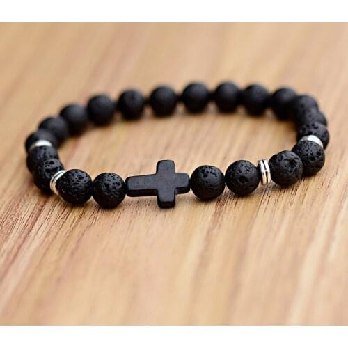 Charm Beaded Men Bracelet Black Cross Lava Stone Bracelets & Bangles Men Jewelry Male Pulseira Bileklik