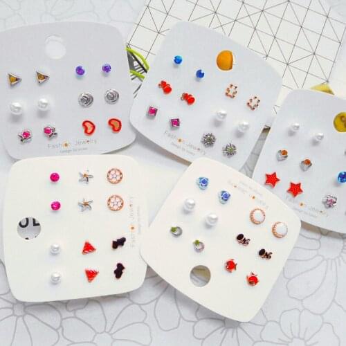 Vintage Red Enamel Plastic Stud Earrings Set Womens Fashion Wholesale Jewelry Korean Geometric Flower Star Pearl Girl Earrings