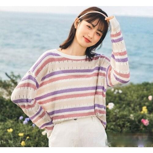 Woman Sweaters Rainbow Stripes Hollow Knit Oversized Jumper Fall Purple Fashion Sweet Long-Sleeved Pullover Harajuku Sweater