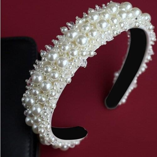 Pearl Hairband Women Elegant White Full Handmade Imitation Pearl Sweet Headband Bridal Crown Hair Accessories Wedding Decoration