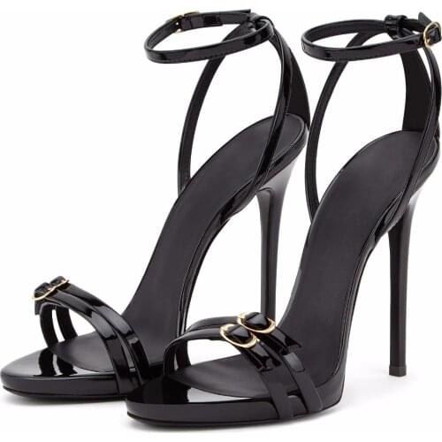 Fashion Double thin Straps Sandals Stiletto High Heel open toe Black Patent leather Strappy Cutout Pumps Woman Party Shoes