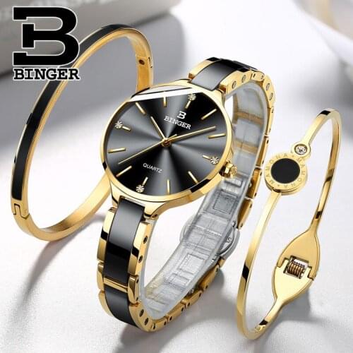 Fashion Ladies Watches top brand luxury BINGER Ultra thin Quartz Watch Women Waterproof Sapphire Mirror Ceramic band+2 Bracelets