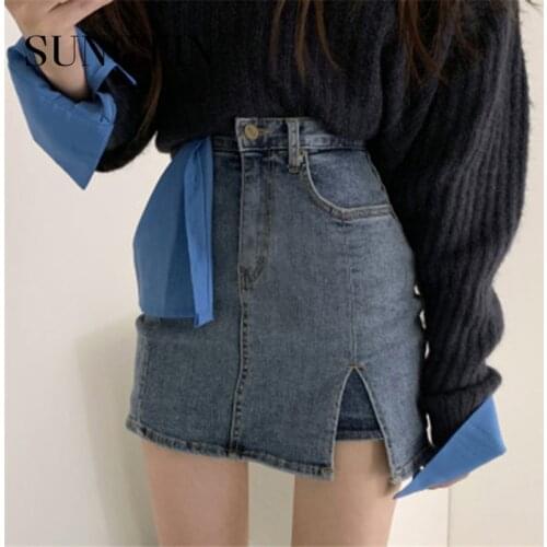 Sungtin Denim Shorts Women Ripped Korean Blue Pocket High Waist Shorts Summer Casual Split Up Ladie Jean Shorts Cowboy 2021 New