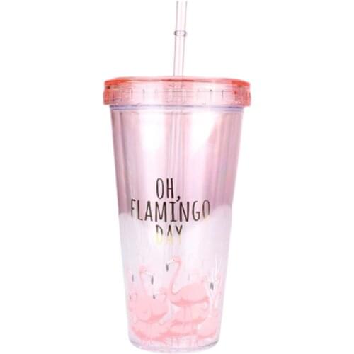 Creative Flamingo Plastic Cups With Straw Drinkware Cartoon Drinking Container Double Wall Coffee Tea Milk Juice Water Cup Mugs