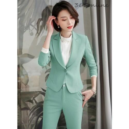 Fashion Green OL Styles Women Business Suits for Women Spring Autumn Professional Formal Blazers Pantsuits Work Wear Sets