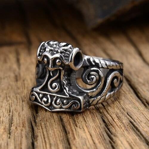 Stainless Steel Norse Viking Thor Hammer Ring for Men Fashion Hollow Out Nordic Totem Amulet Jewelry Big Size Dropshipping