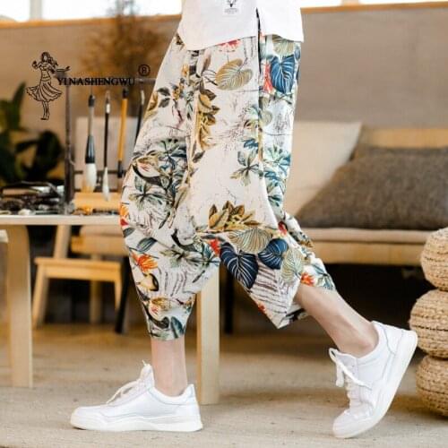 Unisex Japanese Kimono Haori Pants Asian Men Kimono Yukata Ukiyo Wave Print Casual Elastic Cartoon Leisure Loose Harem Trousers