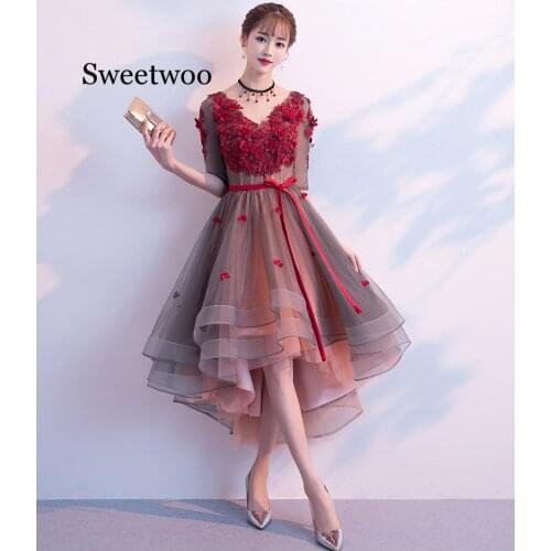 SWEETWOO New 2020 Flower Dresses Burgundy Color V-Neck Elegant Pear Short Front Long Back High Low Party Dress