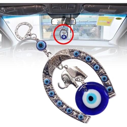 Car Hanging Decorations Turkish Blue Eye Horseshoe with Elephant and Ribbon Wall Hanging Amulet Ethnic Lucky Gift