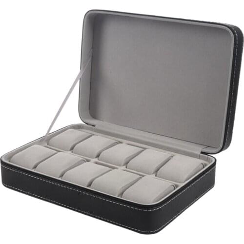 Portable Watch Box Organizer PU Leather Casket with Zipper Classic Style 10 Grids Multi-Functional Bracelet Display Case