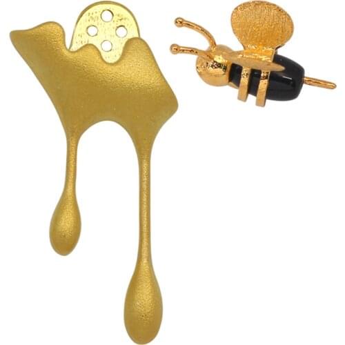 1 Pair Handmade Fine Jewelry 18K Gold Bee And Honey Drops Asymmetrical Stud Earrings For Women 925 Silver Jewelry Gifts
