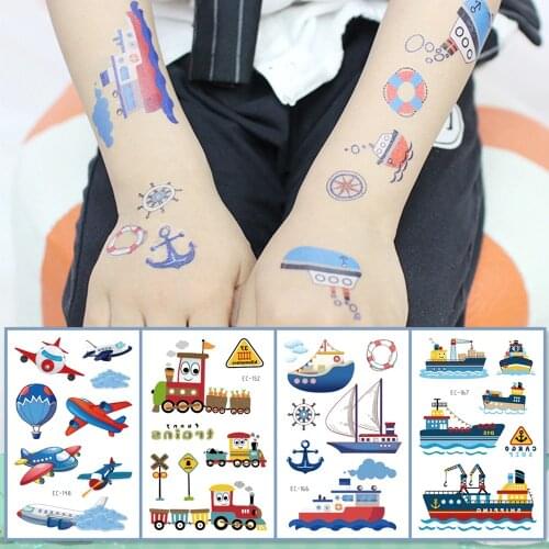 32 kinds Temporary Tattoo Stickers for Kids Cute Cartoon Plane Train Ship faux tatouage temporaire Disposable Children Gift