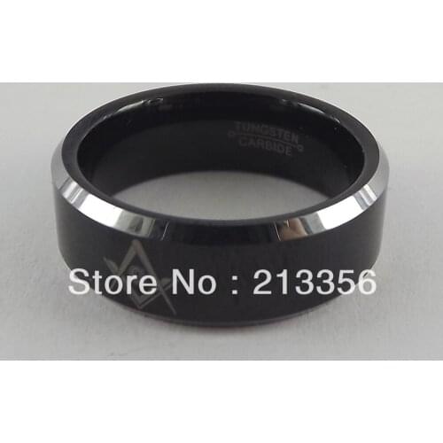 E&C JEWELRY Free Shipping! Wholesales Price!USA Hot Selling Freemason Masonic Mens Black Tungsten Carbide Band Ring Beveled Edge