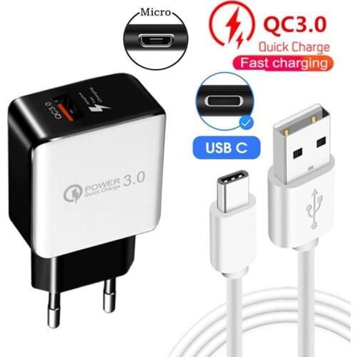 Type C USB Charger Quick charge 3.0 Micro USB Fast Charger Cable For Xiaomi Samsung A22 Huawei Honor NOKIA X10 G20 Phone Charger