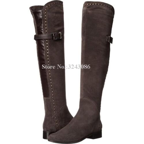 Fashion Rivets Low Heel Woman Long Boots New Suede Buckle Square Heel Ladies Studded Over the Knee Boots Large Size Casual Boots