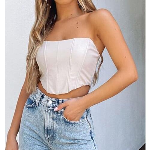 Womens Corset Sexy Black PU Leather Bustier Crop Top Fashion Lady Sleeveless Strap Camis Clubwear Summer Low-cut Slim Camis