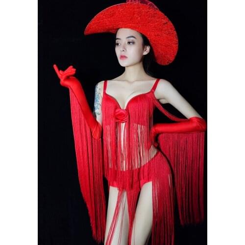 Female ValentineS Day Sexy Red Tassel Outfits Gogo Bar Dj Group Jazz Dance Costume Performance Wear Festival Clothing DQS7672