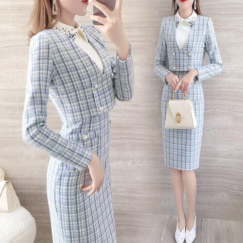 Womens Autumn Suit Small Fragrance Two-piece Dress + Short Coat Sweet Female Pure Suit/Sets