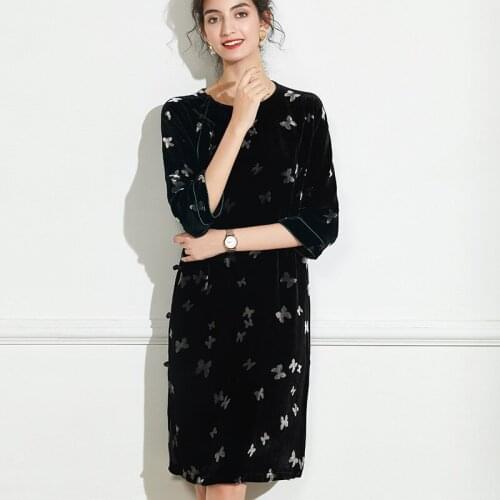 Real velvet dress womens autumn 2020 new original design butterfly print heavy silk velvet Qipao skirt